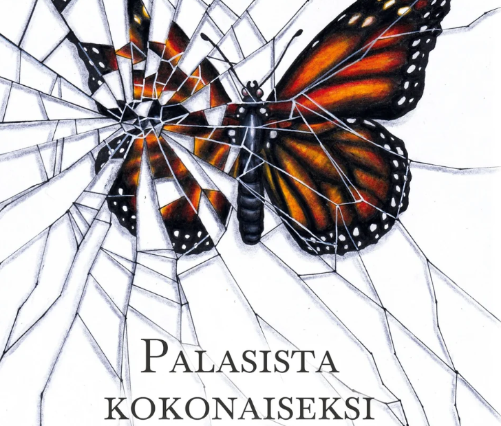 Kuva kirjan kannesta palasista kokonaiseksi. kuvassa särkynyt pinta ja perhonen.