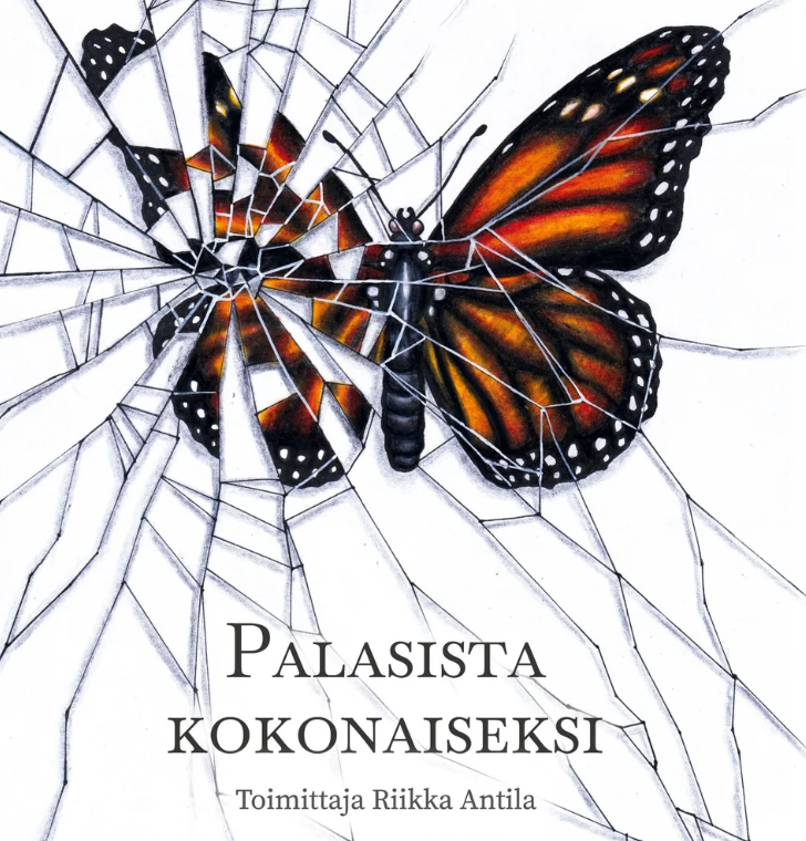 Kuva kirjan kannesta palasista kokonaiseksi. kuvassa särkynyt pinta ja perhonen.